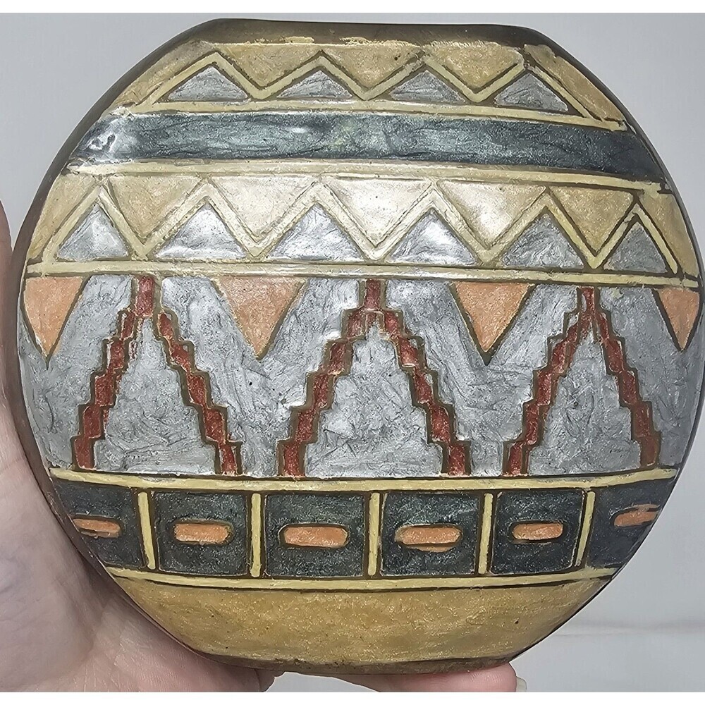 Vintage Small Geometric Enameled Painted Multicolor Brass Vase India 5"x5" - Picture 3 of 10